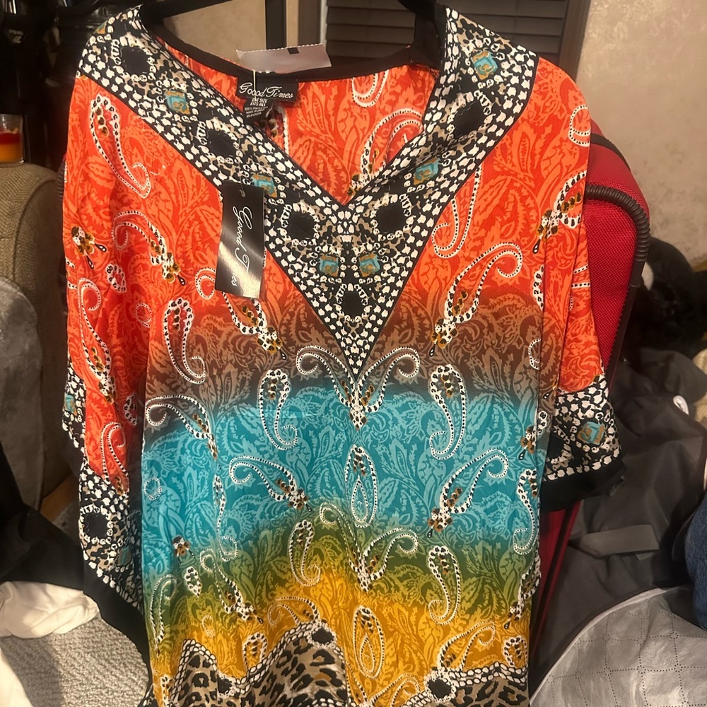 Good Times Multicolor Paisley V-Neck Women's Top - Orange/Teal/Yellow